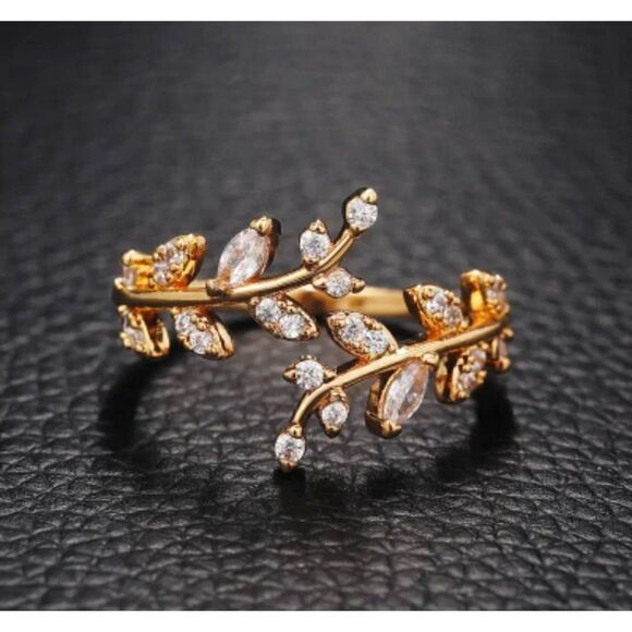 Elegant Finger Ring Leaf Shape With Zircon Adjustable Open Cuff Ring - Picture 2 of 10
